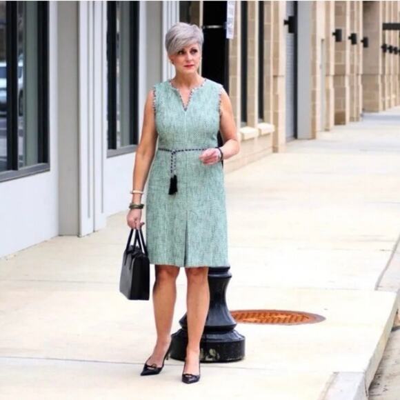 Karl Lagerfeld Green Tweed Fringe Sheath Dress Sz 12 - Picture 9 of 16